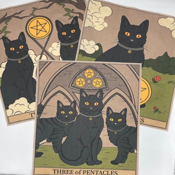 Tarot Card Cat Wall Hanging Set of 3 Ace of Pentacles Two Three Witchy Halloween - Picture 1 of 13